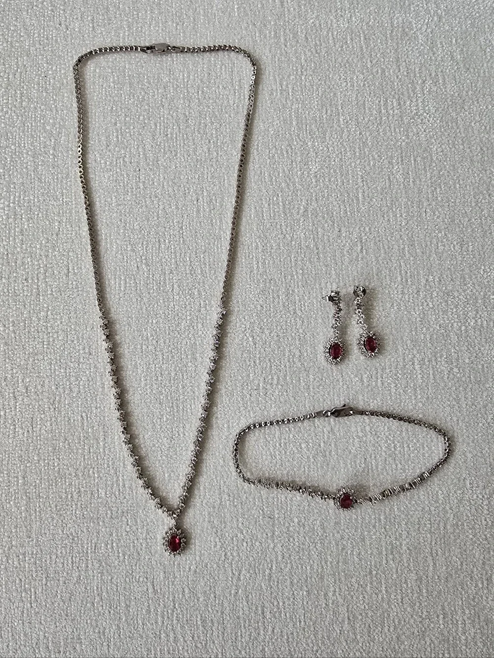 3 Pc Sterling Silver CZ Ruby Necklace, Bracelet and Drop Earring Set